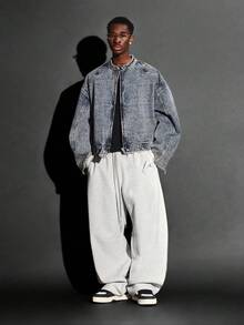 SUMWON Cotton Premium Oversized Cropped Denim Moto Jacket With Mandarin Collar Vintage Washed Distressed Design Fall Winter Street Style - Blue - View 4