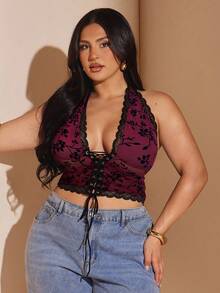 SHEIN BAE Plus Size Women Elegant Sexy Lace Patchwork Deep V-Neck Backless Halter Top, Basic Stretch Knit Slim Fit Crop Top, Y2K Style - Red - View 4