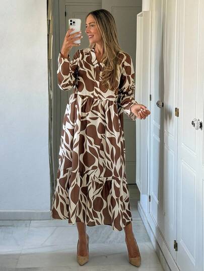 Vivie Lora 女士休闲花卉印花中长连衣裙，咖啡色