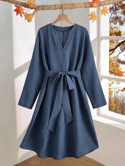Rusticease Plus Size Women Fall /Winter  Contry Casual Vacation Long Sleeve Blue Belted Dress, Autumn/Winter,Going Out Outfits,2025 New Clothes,Dresses Casual,Flowy Dress, Dusty Blue Elegant Dress, Tie Waist Dress, Long Sleeve Blue Dress, Winter Dress,Simple And Fashionable For Everyday Wear,Flowy Dress
