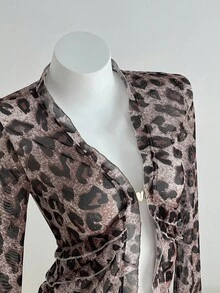 SHEIN Unity Áo kiểu nữ thời trang họa tiết da báo dệt kim lưới mỏng tay dài viền bèo nhún móc kim loại trang trí công sở/thường ngày - Nhiều màu - Xem 3