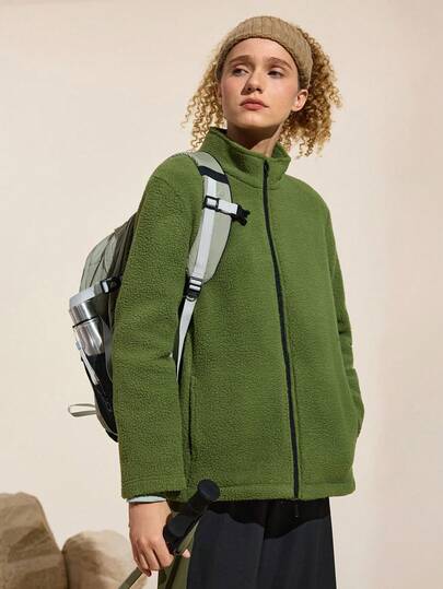 Easithlete Women's Solid Color Minimalist Casual Long Sleeve Zip-Up Fleece Jacket