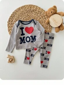 SHEIN 新生女婴可爱休闲百搭灰色针织长袖睡衣套装，心形和字母印花家居服 - 灰色 - 查看 8