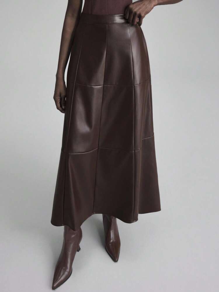 2026SS Women's A-Line Skirt, Solid Color Wine Red, Slit Design, Office Wear, Party, Valentine's Day, Vacation, Wedding Guest, PU Leather Loose Fit Skirt, Spring/Summer
