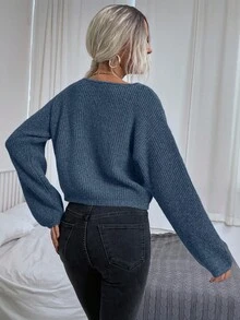 EMERY ROSE 女士休闲纯色落肩宽松罗纹针织套头毛衣灰色毛衣灰色套头衫 - 藍色 - 查看 2