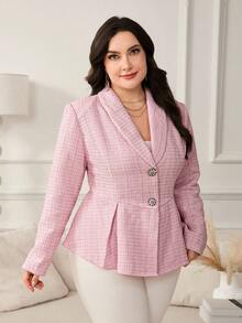 Reflora Plus Size Women Lapel Long Sleeve Flared Pastel Pink Jacket/Winter - Pink - View 5