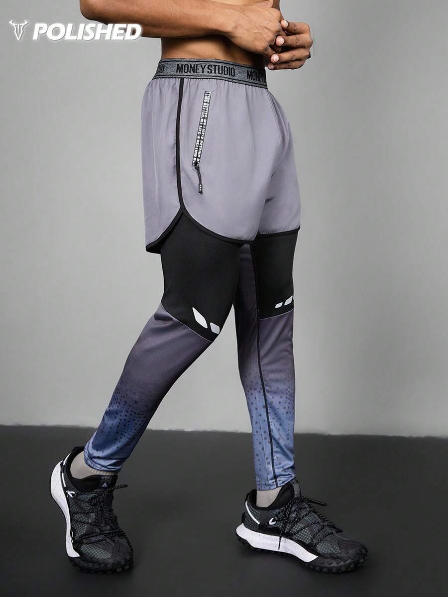 Manfinity Acti Log 男士字母印花拉链口袋二合一运动裤/休闲裤 - 黑色 - 查看 1