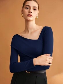 BizChic 海军蓝不对称剪裁不对称肩部设计女式T恤，现代优雅都市通勤日常百搭浪漫90年代复古风，适合圣诞节、新年、情人节、派对、海滩、毕业典礼、时尚、嘉年华、假日、婚礼宾客、早午餐、机场等多种场合。 - 藏蓝色 - 查看 4