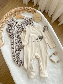 2 件套新生女婴可爱休闲针织豹纹荷叶边长袖连体睡衣 - 彩色 - 查看 5