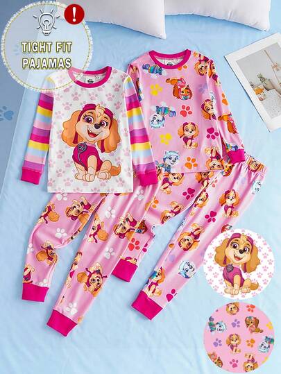 SHEIN | PAW Patrol 4 件套小女孩卡通可爱小狗爪子和彩虹条纹全身印花拼色舒适家居服睡衣套装，春秋