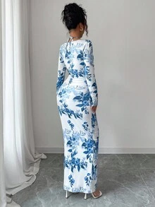 Elenzga Nouvelle robe moulante mini à col drapé, imprimé floral sexy, avec nœud à la taille. Élégante et flatteuse, convient pour les superpositions en automne/hiver - Bleu et Blanc - Voir 2