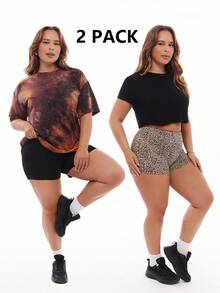 SHEIN EZwear 2 piezas Mallas de talla grande en negro sólido y estampado de leopardo, casuales y minimalistas, aptas para el verano - Multicolor - Ver 1
