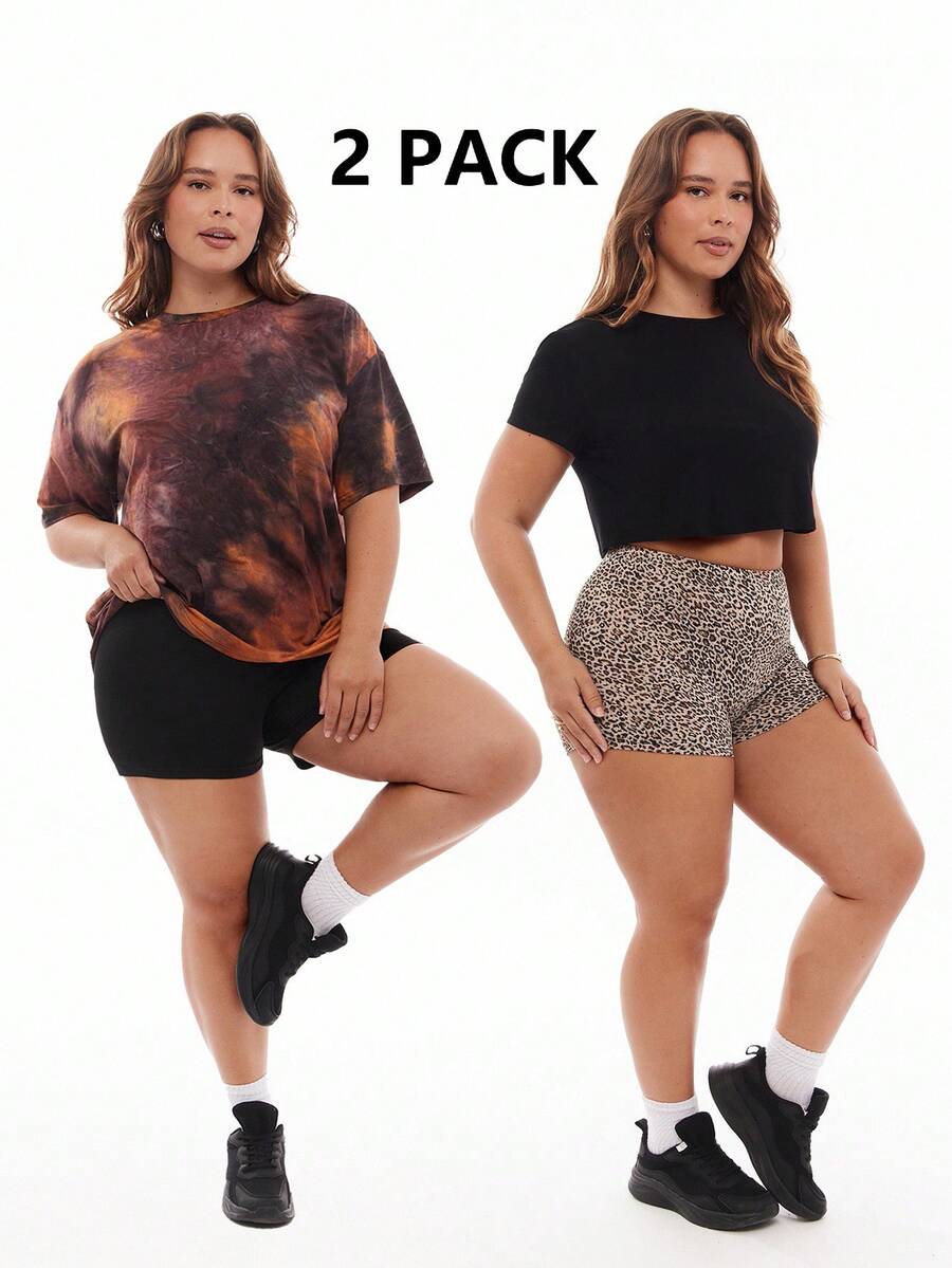 SHEIN EZwear 2 piezas Mallas de talla grande en negro sólido y estampado de leopardo, casuales y minimalistas, aptas para el verano - Multicolor - Ver 1