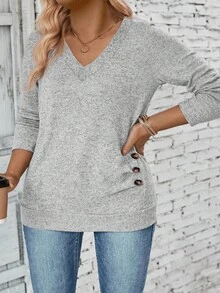 EMERY ROSE 女式 V 领长袖侧扣装饰褶皱柔软针织休闲大码 T 恤，秋冬 - 灰色 - 查看 5