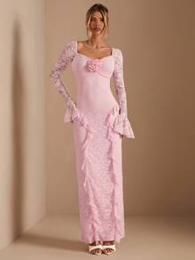 SHEIN BAE 纯色粉色蕾丝喇叭袖紧身荷叶边下摆优雅女士连衣裙，适合日常穿着、约会、郊游、派对、鸡尾酒会、浪漫约会、秋冬分层针织连衣裙、派对、正式聚会、伴娘迷你连衣裙、晚礼服 - 粉色 - 查看 3