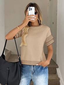 Easowa Women's Striped Contrast Trim Crew Neck Knit Top,Fall - Khaki - View 5