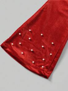 女童春秋休闲装，红色蝴蝶结装饰针织天鹅绒拼布衬衫，荷叶边下摆，搭配仿珍珠喇叭裤，2 件套，适合返校、休闲、时尚、甜美、舒适的户外/旅行穿着