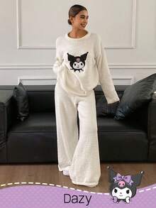 DAZY HELLO KITTY AND FRIENDS | SHEIN Women's Cute Cartoon Pattern Letter Embroidered Teddy Fleece Warm Pajama Set, Winter, Fall Clothes - White - View 6