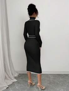 Selianne Women's Elegant Turtleneck Fitted Ribbed Texture Bowknot Sweater Dress - Black - View 2