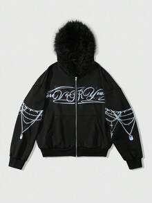 ROMWE MEN Street Life Sudadera con capucha de felpa con estampado de letras para hombre, otoño/invierno - Negro - Ver 1