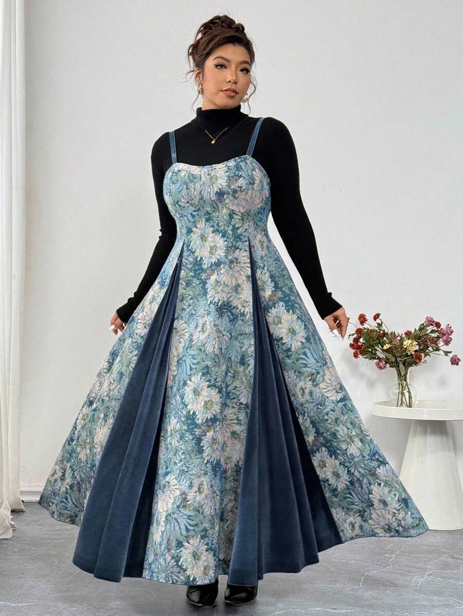 Elenzga Ärmelloses Kleid in Große Größen für Damen, dickgewebtes Kleid mit blauem Samt-Patchwork, 3D Blumen-Ausschnitt-Design, taillierend, A-Linie Silhouette, elegant & anspruchsvoll, vielseitig für Ausflüge und Nachmittagstee, Midi-Länge, Herbst/Winter - Verschiedenfarbig - Übersicht 1