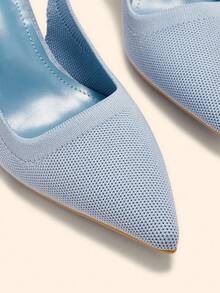 CUCCOO BASICS 女士时尚黑色面料后带粗跟尖头 PU 皮革通勤露跟浅口鞋，适合约会、派对、度假 - 藍色 - 查看 5