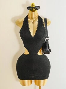Mistrie Women's Sexy Lace Halter Tie Wrap Dress - Black - View 4