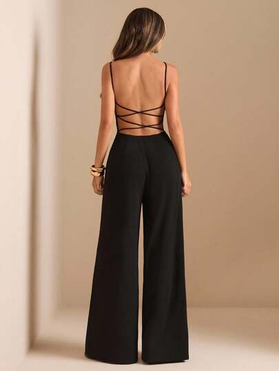SHEIN BAE Black Backless Strap Jumpsuit, Sexy Spaghetti Strap Wide Leg Jumpsuit For Women, Elegant Going Out Outfit For Daily, Date, Party