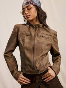 Easelle Women's Autumn Fashion Street Chic Motorcycle Style PU Leather Zip-Up Cropped Jacket,Fall,Brown Jacket