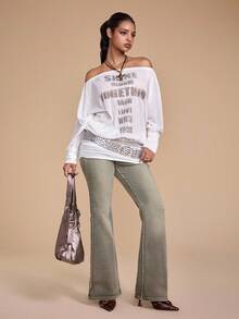 ROMWE Grunge Punk Romantic Punk Cross & Letter Print Off Shoulder Batwing Sleeve Women Long Sleeve Mini Dress - White - View 5