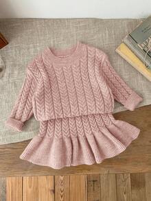 SHEIN LMoss Kids LMoss 女婴 Babygirl 两件套卡其色长袖毛衣和松紧腰荷叶边下摆短裙套装，秋冬