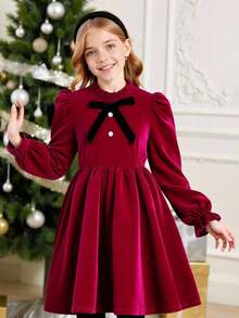 SHEIN Young Girls Velvet Long-Sleeve Dress, Ruffle Collar Bow Decor Button Detail A-Line Swing For Christmas Party Family Burgundy Autumn Elegant Birthday - Burgundy - View 8