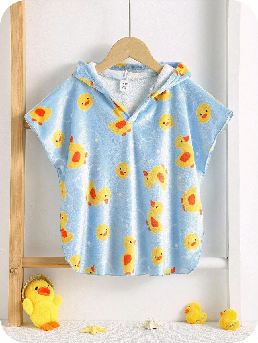 SHEIN Baby Boy Cute Casual Cartoon Duck Pattern Flannel Loose Hooded Swimwear Cover-Up Duck Baby Clothes - Multicolor - View 1