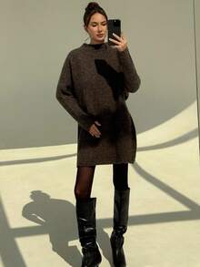 Aloruh 渐变棕色年轻女士音乐节雪纺渐变蝙蝠袖高领毛衣连衣裙，女士秋冬 - 棕色 - 查看 5