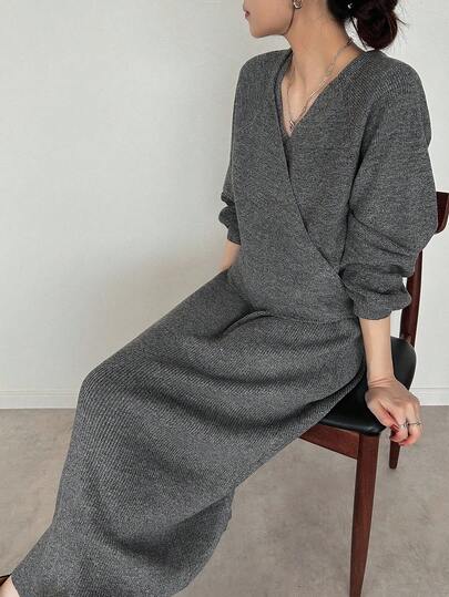 FRIFUL 女士 V 领不对称肩部宽松优质针织毛衣和针织裙 2 件套