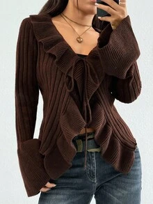 StreetHx 女式纯色拼布荷叶边饰边前系带喇叭袖时尚针织开衫，秋季 - 棕色 - 查看 5