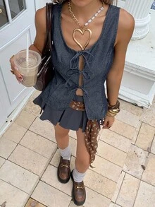 DAZY 女士夏季翻领无袖系带牛仔休闲背心 - 中等水洗藍 - 查看 7