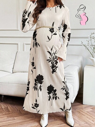 SHEIN Long Belt Dress For Pregnant Women With Elegant Floral Prints, Elegant Women's Dress. Autumn Dress