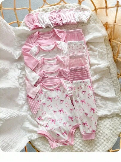Nyfödd Baby Flicka Söt Mångsidig Stickad Randig & Rosa Stjärnmönster Jumpsuit, Byxor Och Vantar 5 Styck/Set