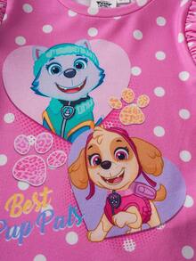 SHEIN | PAW Patrol Young Girls' Cartoon Heart & Cute Puppy Polka Dot Print Knit Round Neck Ruffle Trim Long Sleeve Fitted T-Shirt Fall Winter - Pink - View 7