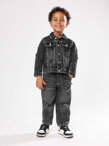 SUMWON 儿童经典牛仔夹克破洞设计街头风格卡车司机牛仔外套都市时尚休闲日常冬春两用