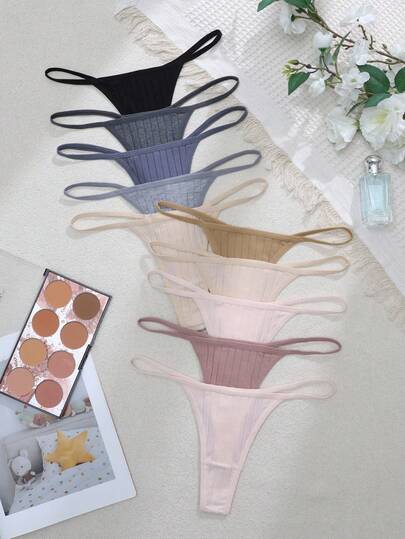 10 piezas/paquete Bragas tipo tanga de unicolor acanalado para mujer