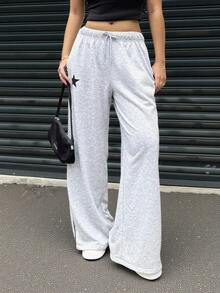 INAWLY Quần nỉ ống rộng in họa tiết ngôi sao năm cánh thoải mái cho nữ, có dây rút ở eo, túi - Xám - Xem 3