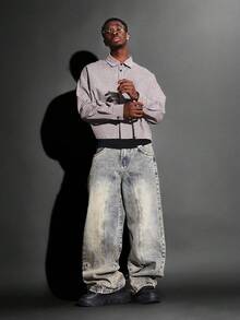 SUMWON 棉质做旧拼接超阔腿滑板牛仔裤，宽松版型，复古 Y2K 嘻哈街头风秋冬牛仔裤，颓废美学纯色 - 淺藍色 - 查看 3