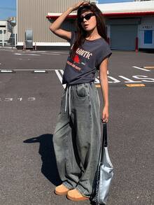 Livesso Quần jean nữ ống rộng, quần jeans nữ, quần jeans nữ cạp chun có túi rút ở eo - Rửa trung bình - Xem 4