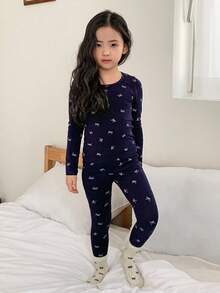 DAZY 少女蝴蝶结印花长袖睡衣套装 - 藏蓝色 - 查看 2