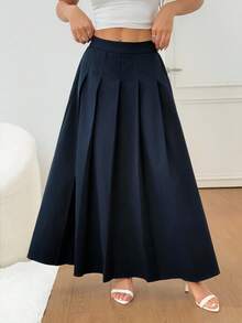 SHEIN PETITE 女士纯色百褶长款优雅通勤裙 - 藏蓝色 - 查看 8