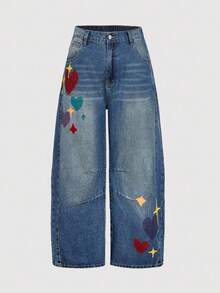 SHEIN MOD Plus Size Women Blue Fashion Belt Loop Heart Pattern Versatile Jeans Fashionable Plus Size Wide-Leg Jeans Featuring Playful Heart And Star Embellishments Comfortable Everyday Denim Winter Clothes Christmas Women's Clothing Christmas Outfit For Women  Christmas Jeans New Year Clothes Thanksgiving Outfit For Women  Casual Jeans For Women