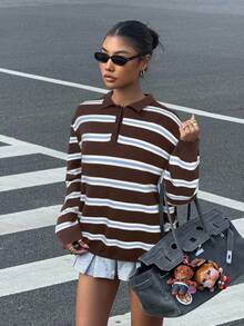 Muchica Women's Casual Loose Striped Polo Collar Drop Shoulder Long Sleeve Sweater, Autumn/Winter Chocolate Brown Top Striped Long Sleeve Brown Sweater Stripe Top Coffee Brown Top - Brown - View 5