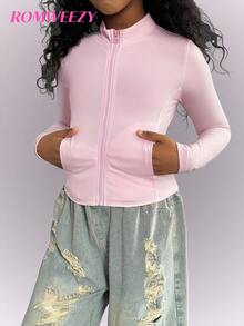 Tween Girl Fitted Waist Casual Pink Jacket Fall Winter - Pink - View 1